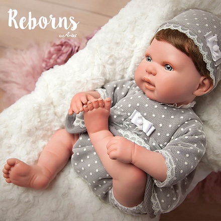 Новорождённый пупс из серии Arias ReBorns – Lucia, мягкое тело, 45 см., в серой одежде, с соской и подушкой 